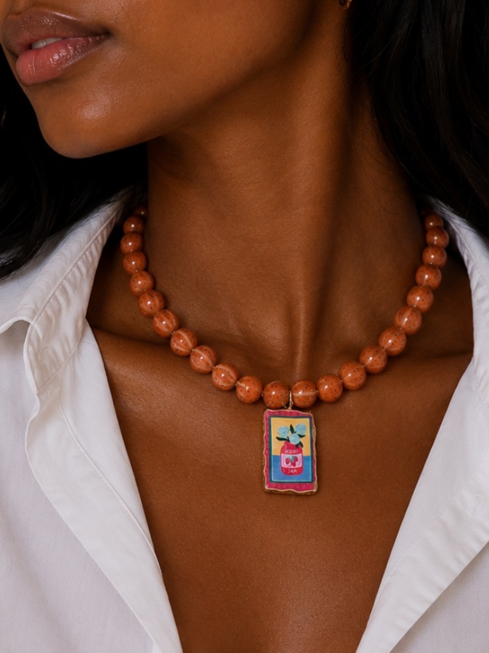 New! Coastal Orange Ceramic Beaded Flower Necklace (4004) NWOT
